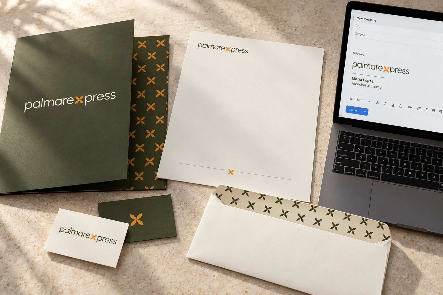 Carpeta oliva, hoja membretada, tarjetas, sobre y firma de correo de Palmare Xpress.