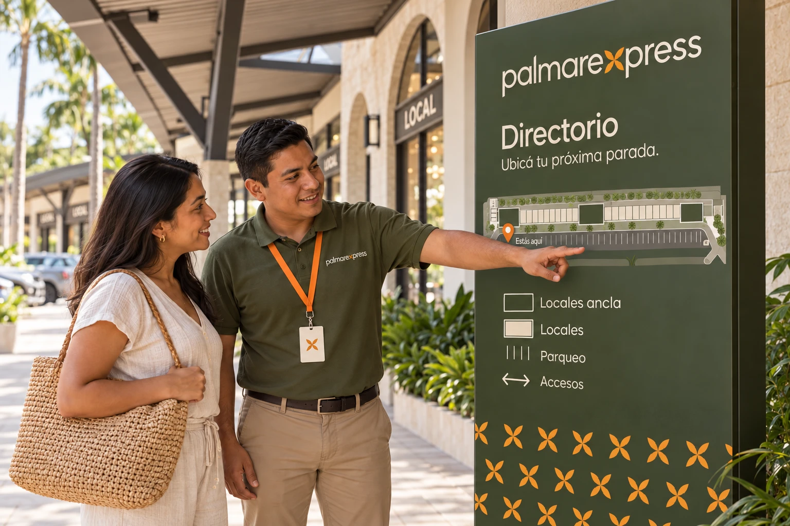 Visualización de un colaborador con polo oliva y gafete junto al directorio de Palmare Xpress.