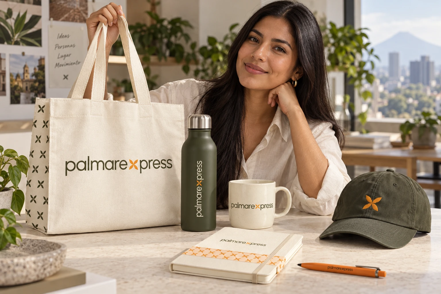 Bolsa de tela, botella, taza, gorra, cuaderno y bolígrafo con la identidad de Palmare Xpress.